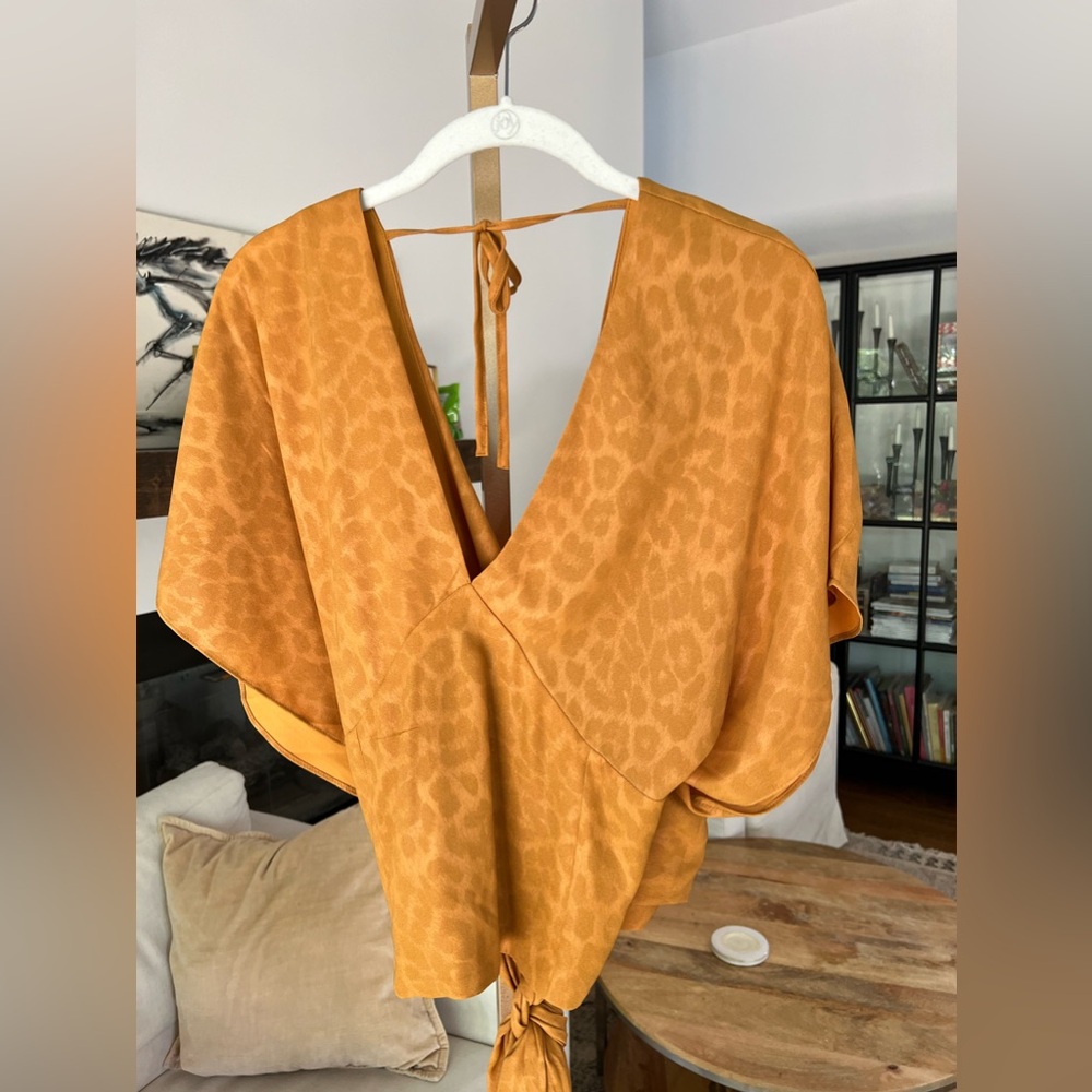 Anthropologie Mustard Orange Leopard-Print V-Neck wrap Top